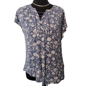 NWOT Chaps Blue & White Lace Up Flutter Sleeve with Asymmetrical Hem - Size M